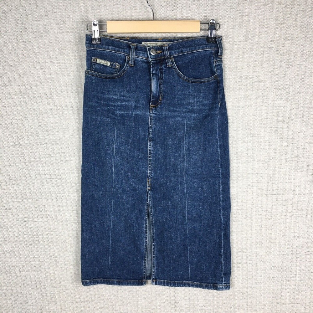 Bella Dahl Denim Skirt Women's 25 Blue Straight Classic Front Slit Retro Boho
